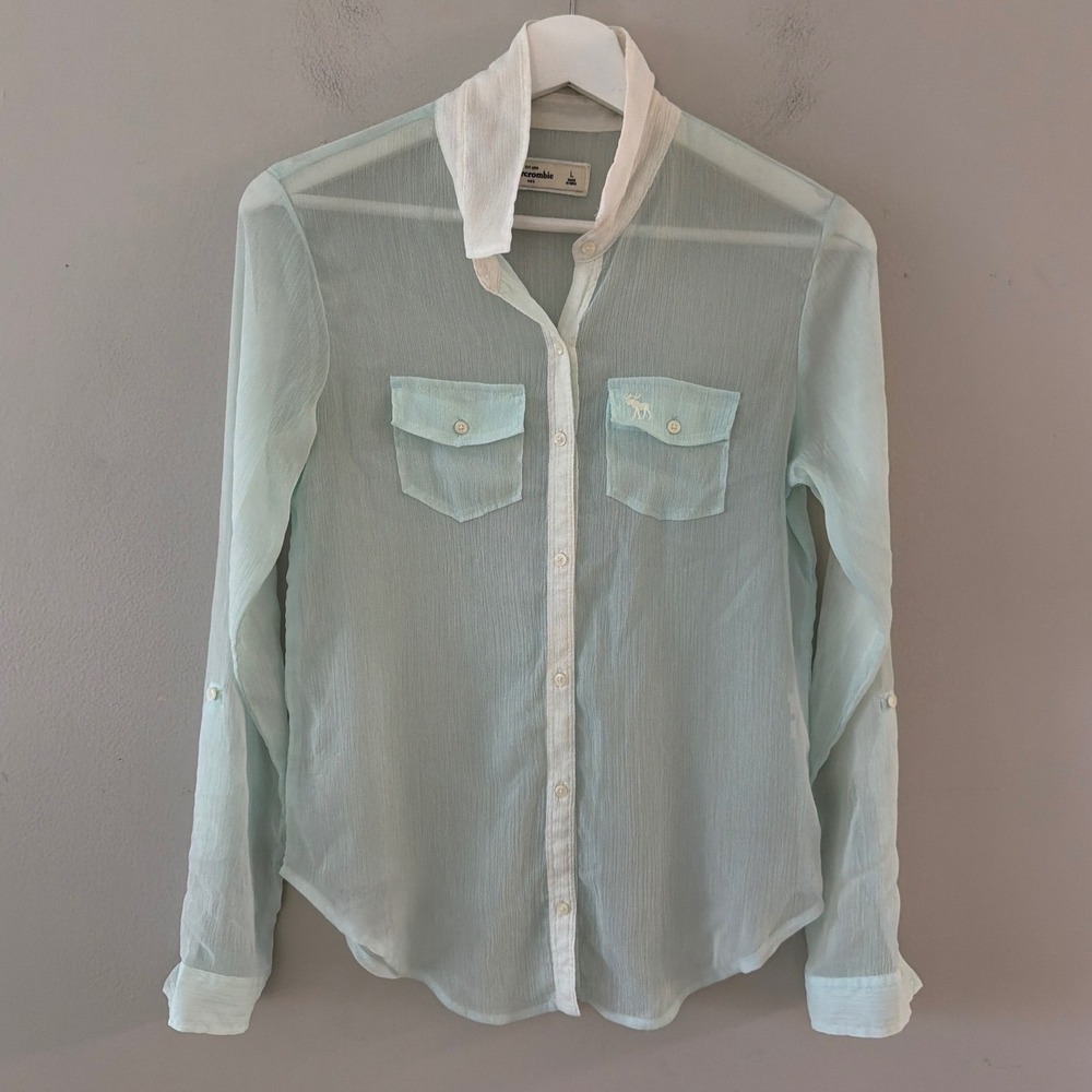 Abercrombie Kids Mint Green Sheer Crinkle Roll-Tab Button Down Shirt Large L